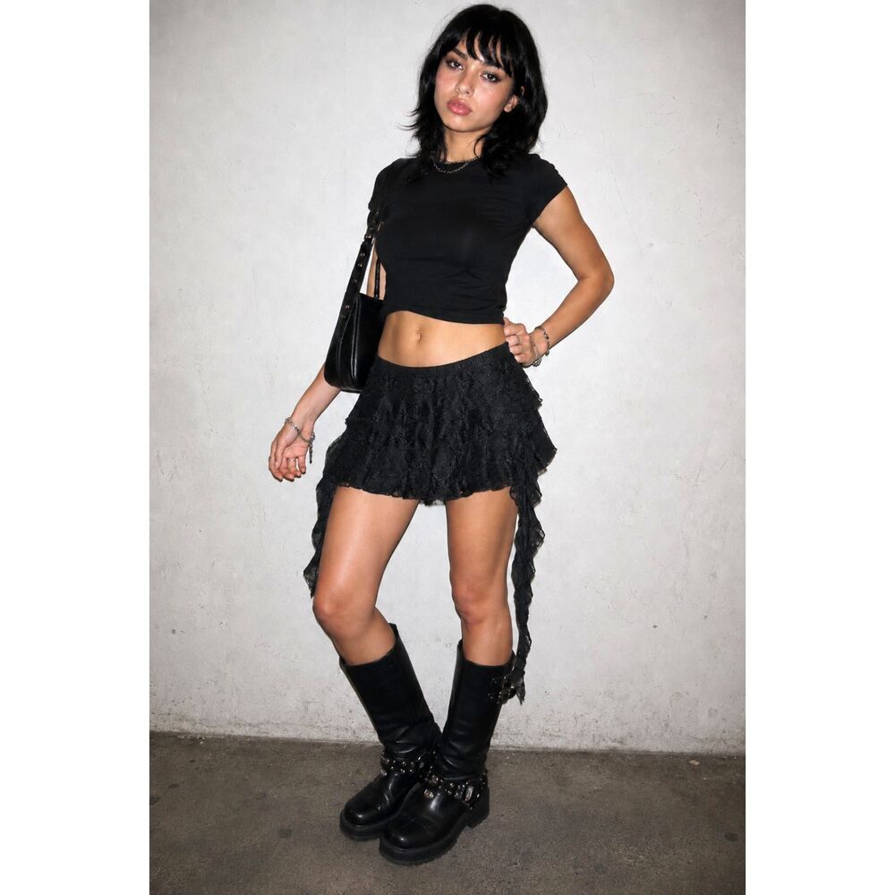 Charlie XCX Like Black Lace Ruffle Tiered Mini Skirt   Women's Size Medium